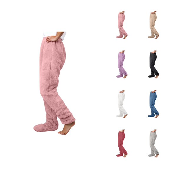 Footed Pajama Pants for Women 2026 Winter Warm Soft Fuzzy Pj Pants Lounge Bottoms Sleepwear