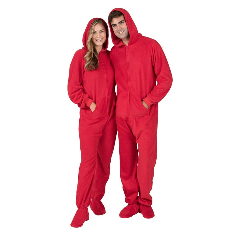 Footed Pajamas Bright Red Adult Hoodie Fleece One Piece Adult