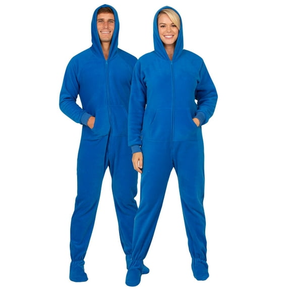 Footed Pajamas - Brilliant Blue Adult Hoodie Fleece One Piece - Adult - Medium (Fits 5'8 - 5'11")