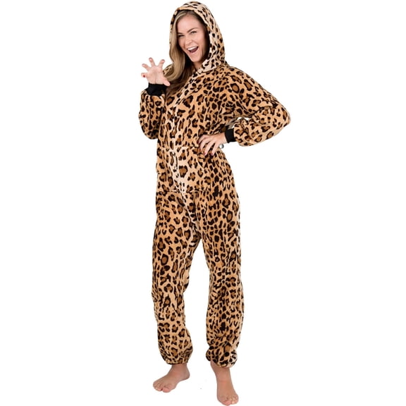 Footed Pajamas - Cheetah Spots Adult Hoodie Footless Chenille One Piece (Adult - Small2X/Dbl Wide (Fits 5'3 - 5'6"))