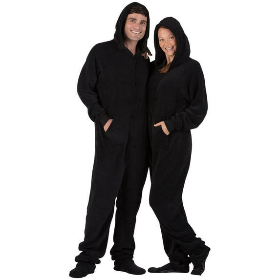 Footed Pajamas - Jet Black Adult Hoodie Chenille One Piece - Adult - Double XL/Wide (Fits 6'4 - 7'0")
