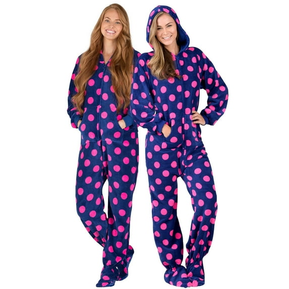 Footed Pajamas - Navy Pink Polka Adult Hoodie Chenille One Piece - Adult - Large (Fits 6'0 - 6'4")