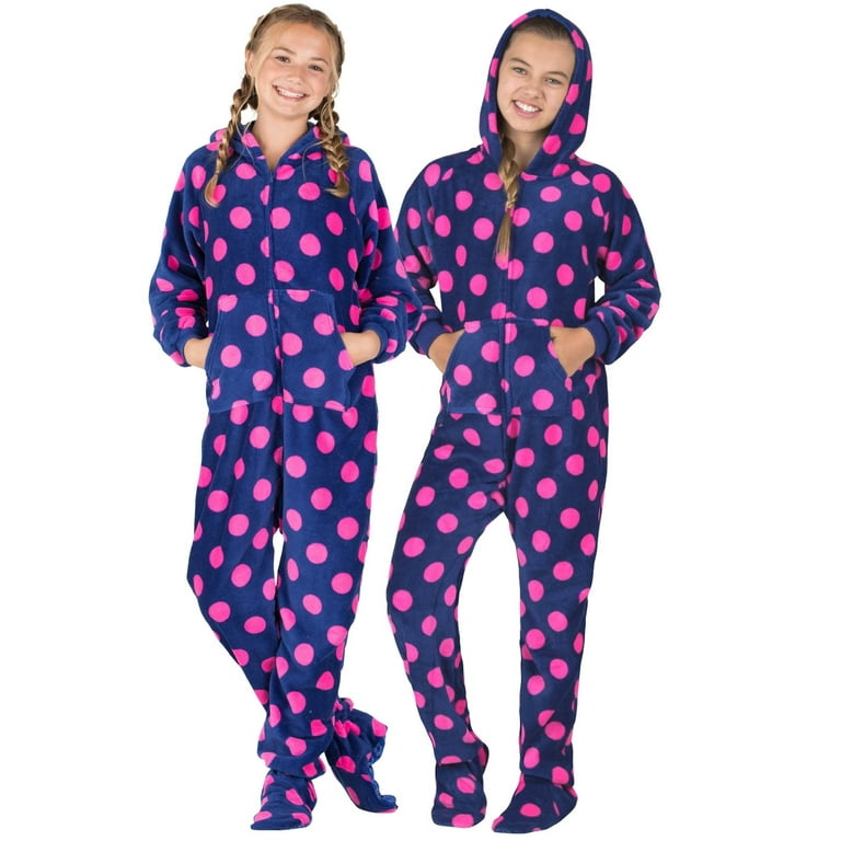 Footed Pajamas Navy Pink Polka Kids Hoodie Chenille One Piece Kids Medium Fits 4 6 4 8