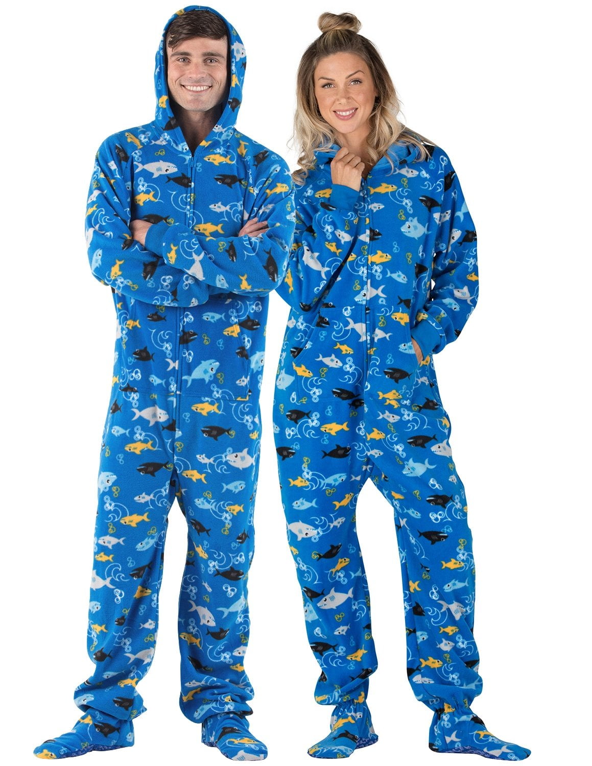 Footed Pajamas Shark Frenzy Adult Hoodie Fleece One Piece Adult Double XL Wide Fits 6 4 7 0