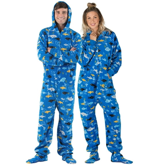 Footed Pajamas - Shark Frenzy Adult Hoodie Fleece One Piece - Adult - Small2X/Dbl Wide (Fits 5'3 - 5'6")
