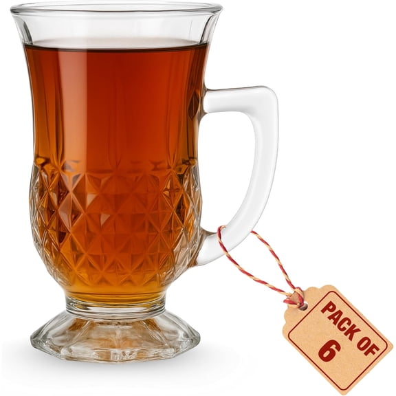 Footed Turkish Tea Glasses With Handle, Set of 6 Cups, Tea and Latte Glasses, Slim Waist Design and Thick Sole Prevent the Drinks From Getting Cold, Dishwasher Safe, 5.5 oz