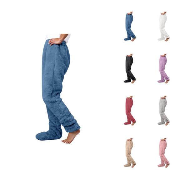 Footie Pajama Pants for Women 2026 Winter Thermal Comfort Furry Pj Pants Lounge Bottoms Sleepwear