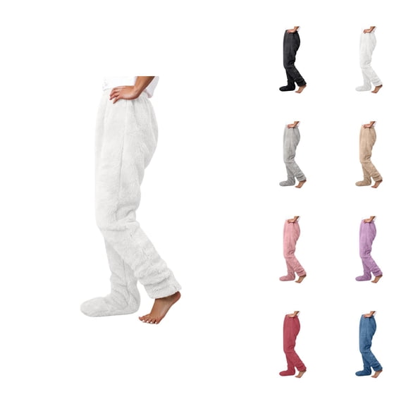 Footie Pajama Pants for Women 2026 Winter Thermal Comfort Furry Pj Pants Lounge Bottoms Sleepwear