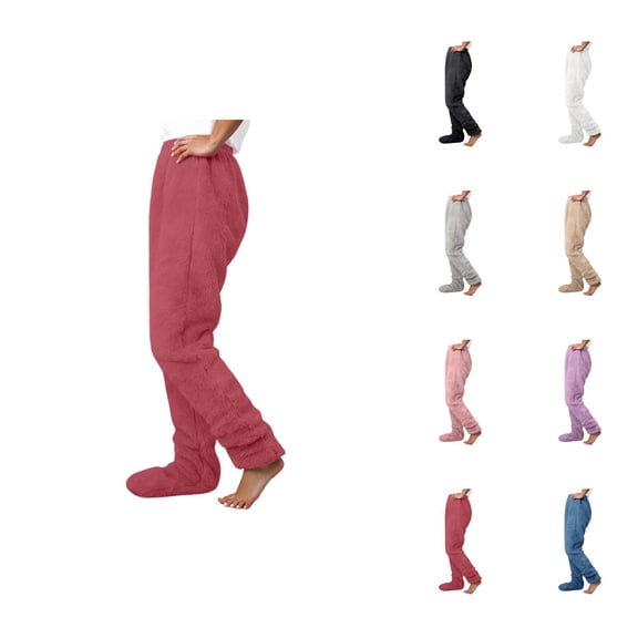Footie Pajama Pants for Women 2026 Winter Thermal Comfort Furry Pj Pants Lounge Bottoms Sleepwear