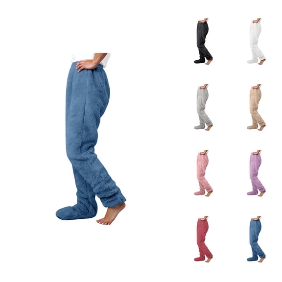 Footie Pajama Pants for Women 2026 Winter Thermal Comfort Furry Pj Pants Lounge Bottoms Sleepwear