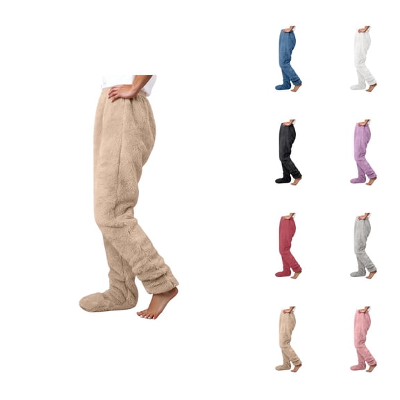 Footie Pajama Pants for Women 2026 Winter Thermal Comfort Furry Pj Pants Lounge Bottoms Sleepwear