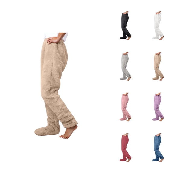 Footie Pajama Pants for Women 2026 Winter Thermal Comfort Furry Pj Pants Lounge Bottoms Sleepwear