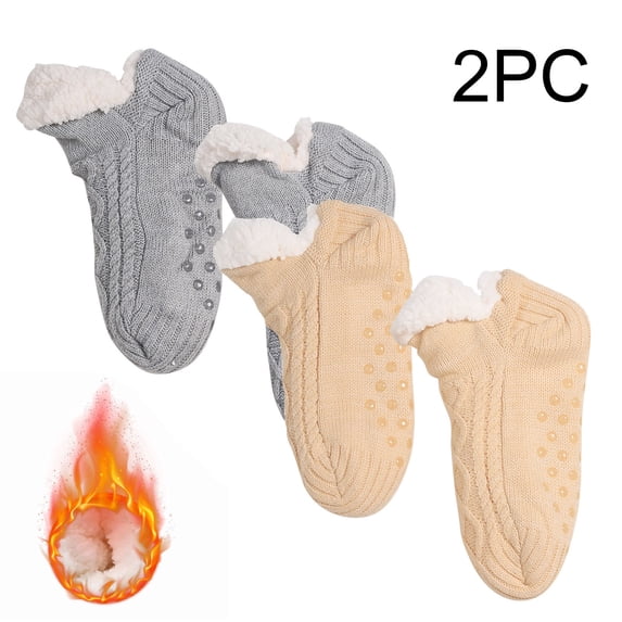 Footie Socks for Girls 2pc Kids Slipper Socks Boys Girls Winter Warm Cozy Fleece Thermal Thick Snow Socks with Grips Non Slip Hollow Socks for Boy Beige 3Y