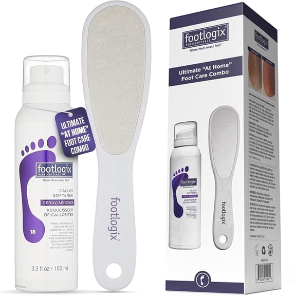 Footlogix Foot Care Callus Softener Combo  Callus Spray & Double-Sided Foot File for Dry, Cracked Heels, Pedicure & Exfoliation