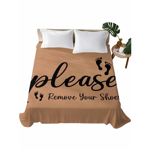 Footprint Flat Sheet Only Twin Size, Soft Breathable Bed Top Sheets for Mattress, Vintage Brown Black Please Remove Your Shoes Luxury Bedding Flat Sheets for Home Hotel Bedroom Bed Protection