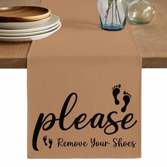 Footprint Table Runner, Vintage Brown Black Please Remove Your Shoes Washable Cotton Linen Table Runners 36 Inches Long, Dresser Scarf Runner for Nightstand/End Tables/Round Tables 13''x36''