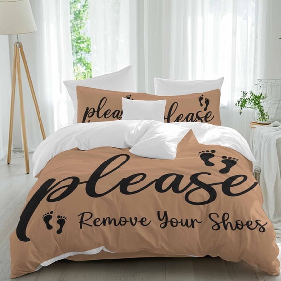 Footprint Text Queen Size Comforter Set, Please Remove Your Shoes Brown Bedding for All Seasons, 4 Pcs Bed Set, 1Quiltcover (90"x92") ,1Sheet(94"x116"), 2Pillowcases (30"x20")