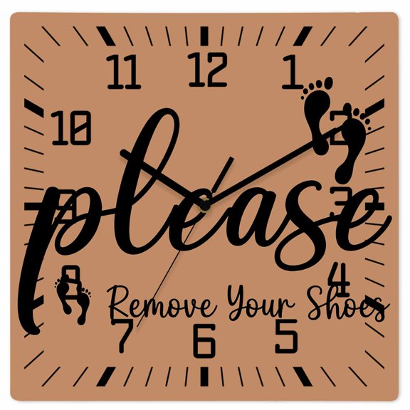 Footprint Wooden Wall Clock Silent Non Ticking, Vintage Brown Black Please Remove Your Shoes Square Wall Clocks Battery Operated, Decor Clock for Home Office, Living Room, Kitchen, 10 Inch