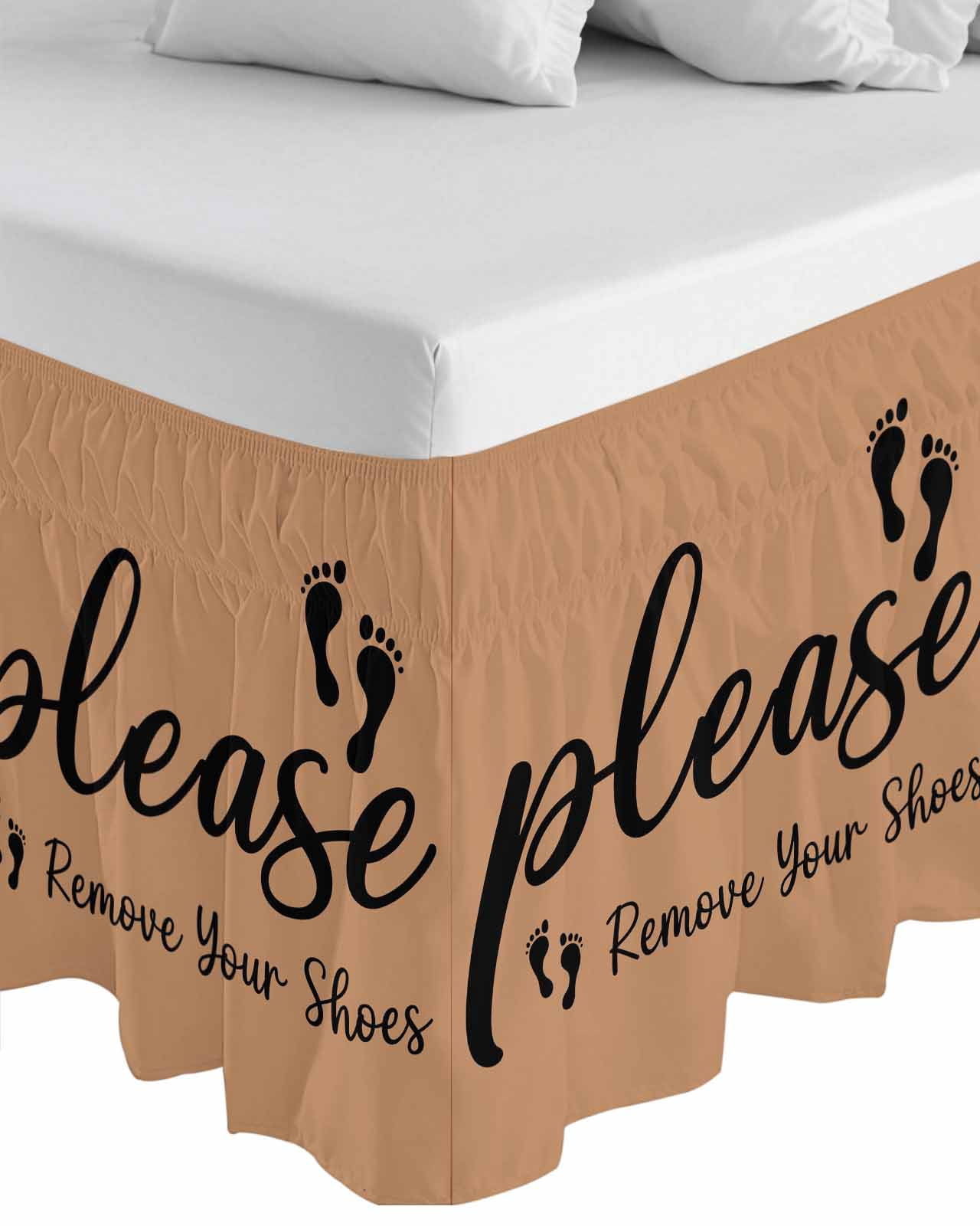 Footprint Wrap Around Bed Skirts for Queen Bed 16" Drop,Bed Skirt with Adjustable Elastic Belt Dust Ruffle Bed Valance for Bedroom Hotel Vintage Brown Black Please Remove Your Shoes Bed Frame Cover