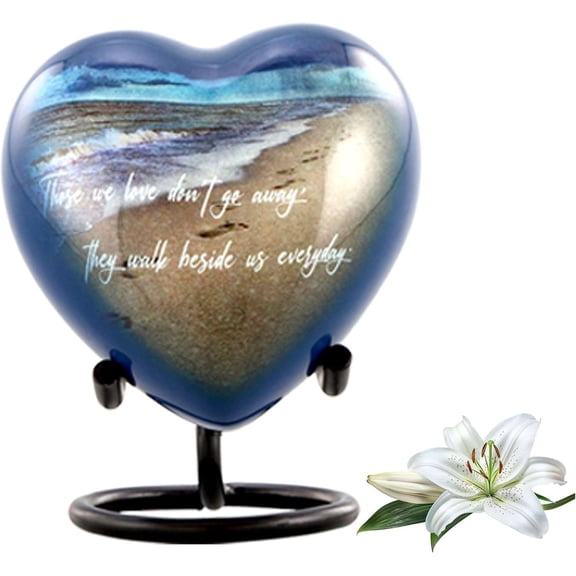 Footprints Heart Keepsake Cremation Urn Mini Beach Memorial Urn for Ashes with Display Stand, Aluminum Heart-Shaped Sharing Urn, Holds 3 Cubic Inches