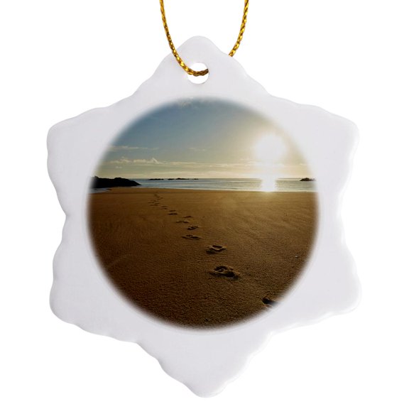 3drose, Footprints in Sand, Mosquito Bay, Abel Tasman Np, South Island, 3 inch Snowflake Porcelain Ornament