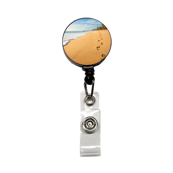 Footprints In The Sand Barefoot Beach Ocean Retractable Reel ID Badge Key Card Name Tag Holder with Clip
