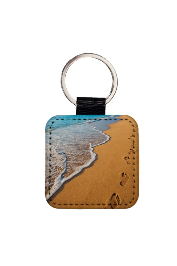 Footprints In The Sand Beach Shore Faux Leather Square Keychain