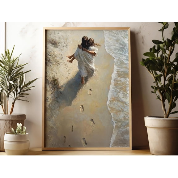 Footprints In The Sand Jesus On The Beach Christian Art Bible Verse Walk By Faith Poster, 8x12 UNFRAMED