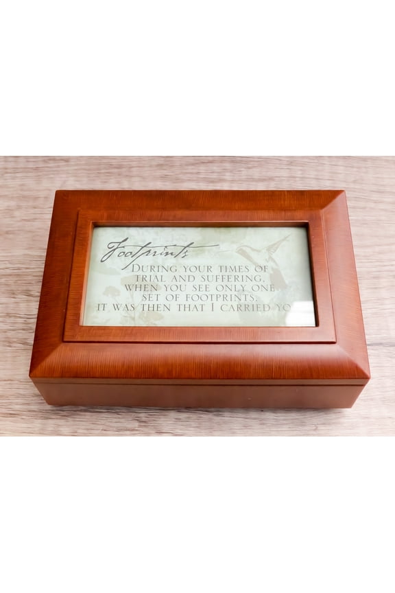 Footprints Inspirational God Carried You Polished Burlwood Musical Trinket Box