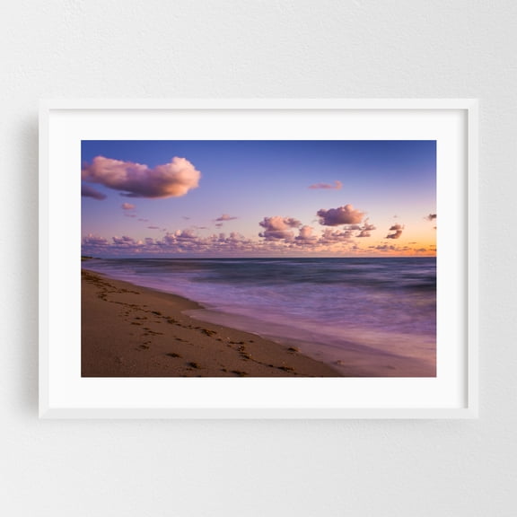 Footprints, Jupiter Island - Florida Photography Beach Sunset Ocean Coast Waves Scenic Pastel White Framed Wall Art Print 5 x 7 inches