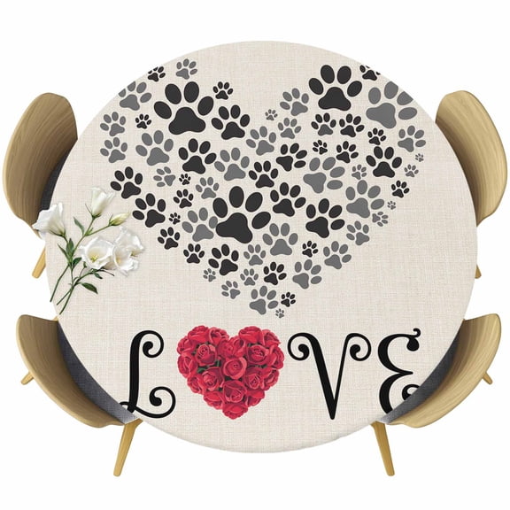 Footprints Love Round Fitted Tablecloth with Elastic Edge, Vintage Dogs Footprints Roses Love Linen Texture Stretch Table Covers for 36"-44" Tables Wipeable Table Cloth for Outdoor