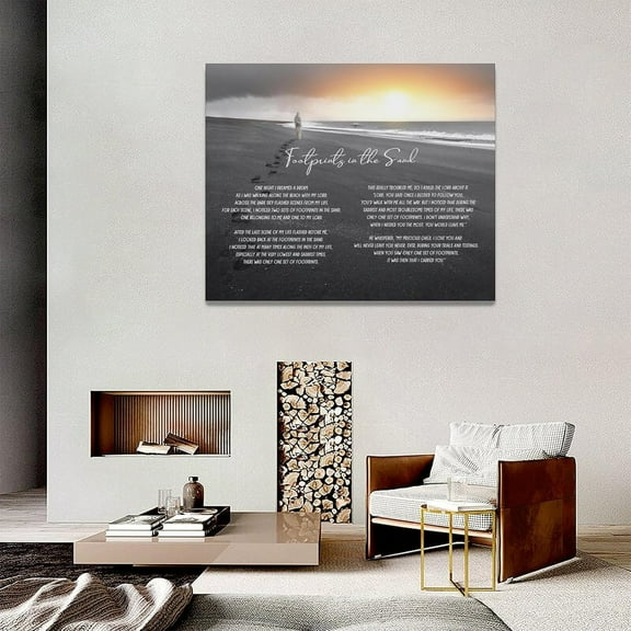 Footprints In The Sand Wall Art Religious Poem Wall Decor Motivational Quotes Black and White Beach Pictures Canvas Prints Painting Christian Framed Home Artwork for Bedroom Bathroom Office 20"x16"