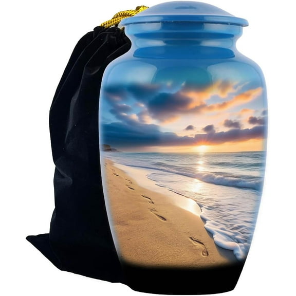 Footprints Urn, Footprints Cremation Urn, Footprints in The Sand,Footprints Cremation Urn for Ashes, Hand Painted Adult Beach Urn, Handmade Beach Cremation Urn with Velvet Bag, Blu