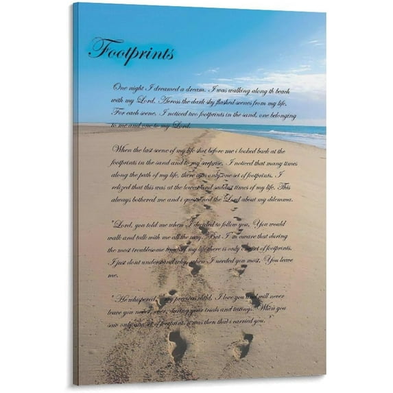 Footprints in The Sand Christian Footprints Poem Poster Decorative Painting Bathroom Decor Living Room Canvas Wall Art Framed,12x18inch(30x45cm)