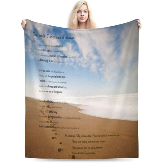 Footprints in The Sand Poem Blanket Throw Blanket Ultra-Soft Cozy Micro Fleece Blanket for Sofa, Bed & Travel Use-All Seasons Suitable 50"X40" Inch