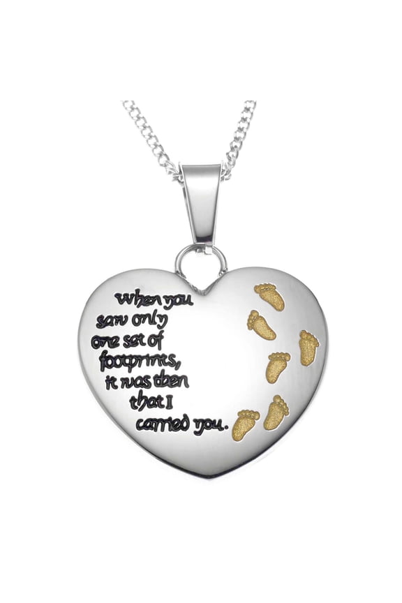 Footprints in the Sand Stainless Steel Heart Pendant Necklace - Inspirational Religious Jewelry Gift for Women