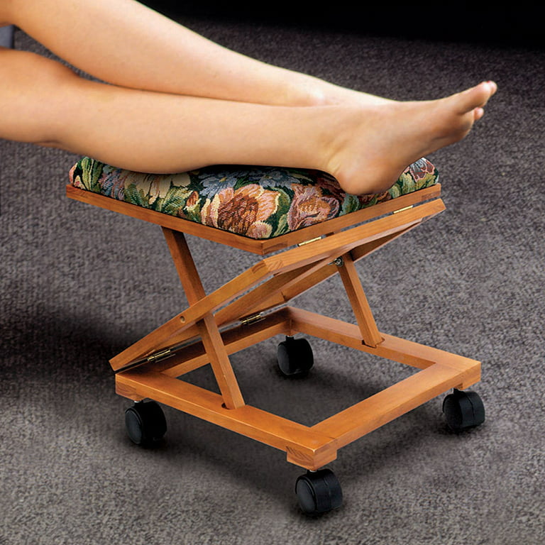 Footrest Elevated Foot Stool Adjustable Rest Rolling Wheels Tapestry Wooden