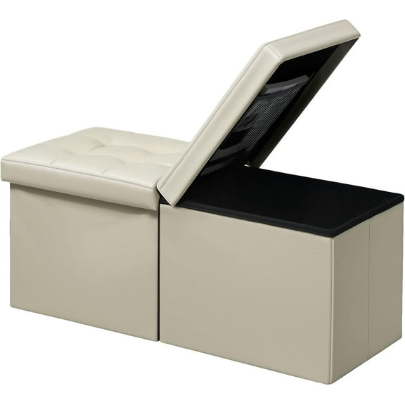 Footrest Ottoman Bench with Storage,34Inch Beige Leather Footstool, Coffee Table, Padded Seat, Storage Chest,Blanket Store with Flipping Lid for Livingroom and