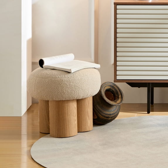 16.5" Mushroom Stool - Greige Plush Cushion with Walnut Finish, Multi-Functional Ottoman