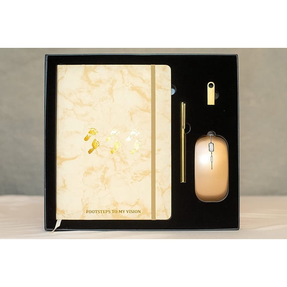 Footsteps to My Vision Marble Gold Notebook Set – Deluxe Leather Journal with Pen Set – Includes 8GB USB Flashdrive, Wireless Mouse – Leather Planner for Men & Women – Create Action Plan, Smart Goals