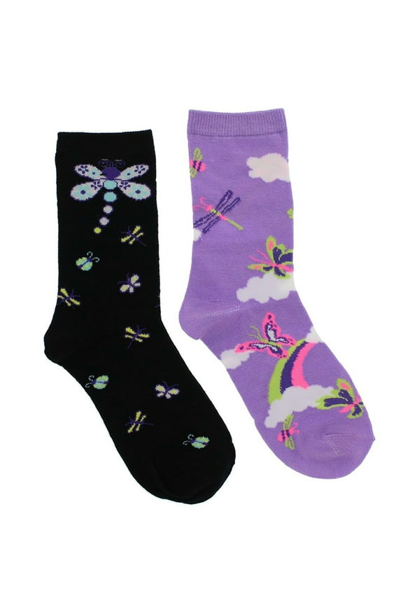 Foozy's Women's Dragonfly, Butterfly Crew Socks (2 Pr) Purple, Black