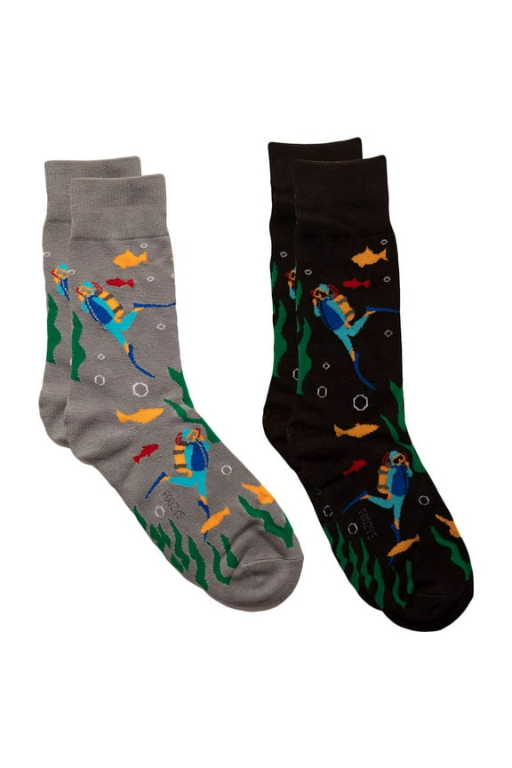 Mens Fun Crazy Cool Sports Themed Novelty Crew Socks | 2 Pairs Included in Two Colors (Scuba Diving)