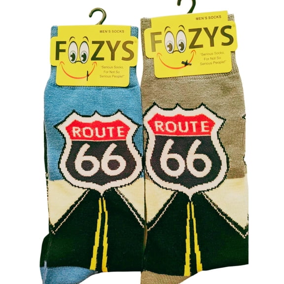 Foozys Men’s Fun Outdoors Themed Novelty Crew Socks | 2 Pairs in Two Colors (Route 66)