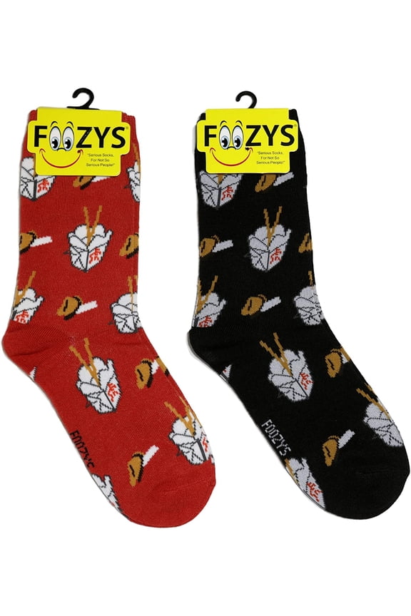 Small/Medium Novelty Crew Socks | Chinese Takeout Cute, Fun & Makes a Great Gift! | 2 Pair (Black & Red) | Womens Shoe Size 4-10