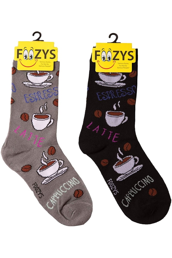 Small/Medium Novelty Crew Socks | Coffee Varieties Cute, Fun & Makes a Great Gift! | 2 Pair (Black & Grey) | Womens Shoe Size 4-10
