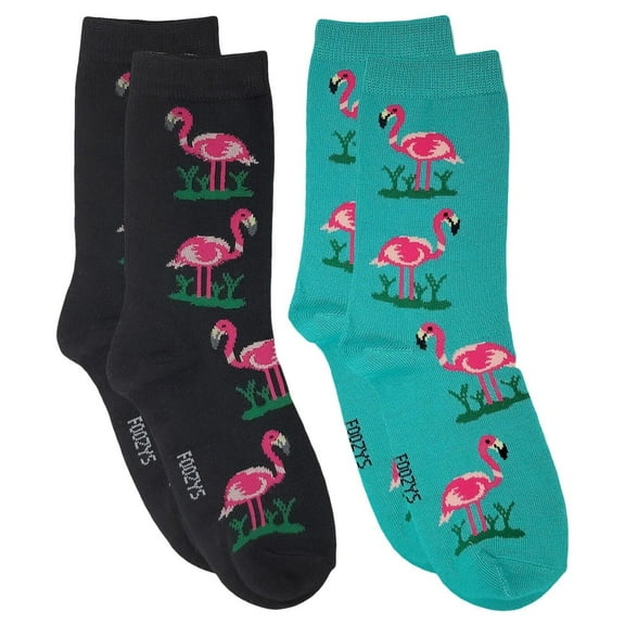 Foozys Small/Medium Novelty Crew Socks | Flamingos Cute, Fun and Makes a Great Gift! | 2 Pair (Black & Teal) | Women’s Shoe Size 4-10