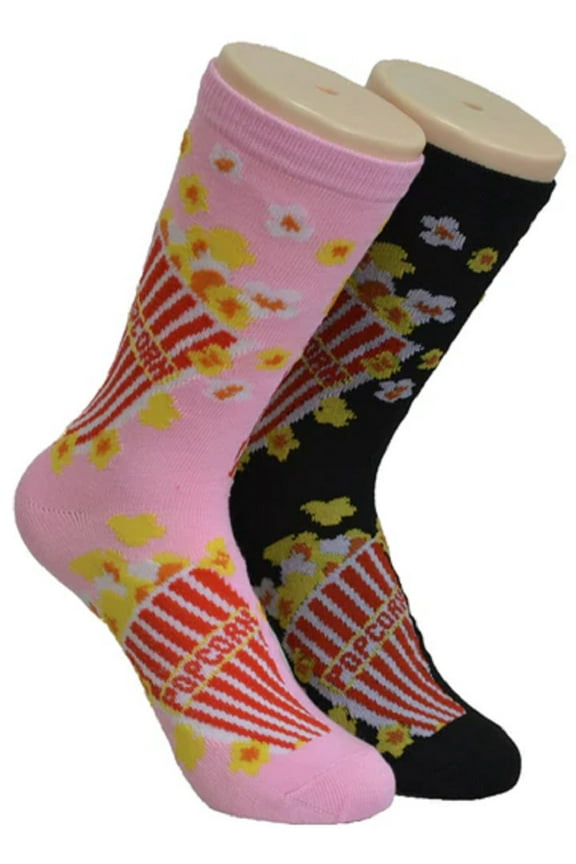 Small/Medium Novelty Crew Socks | Movie Popcorn Cute, Fun & Makes a Great Gift! | 2 Pair (Black & Pink) | Womens Shoe Size 4-10