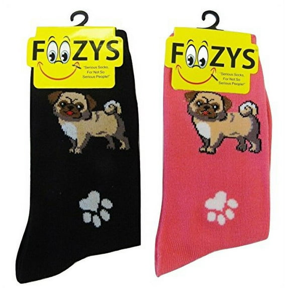 Foozys Small/Medium Novelty Crew Socks | Pugs & Paw Prints Cute, Fun and Makes makes a Great Gift! | 2 Pair (Black & Pink) | Women’s Shoe Size 4-10