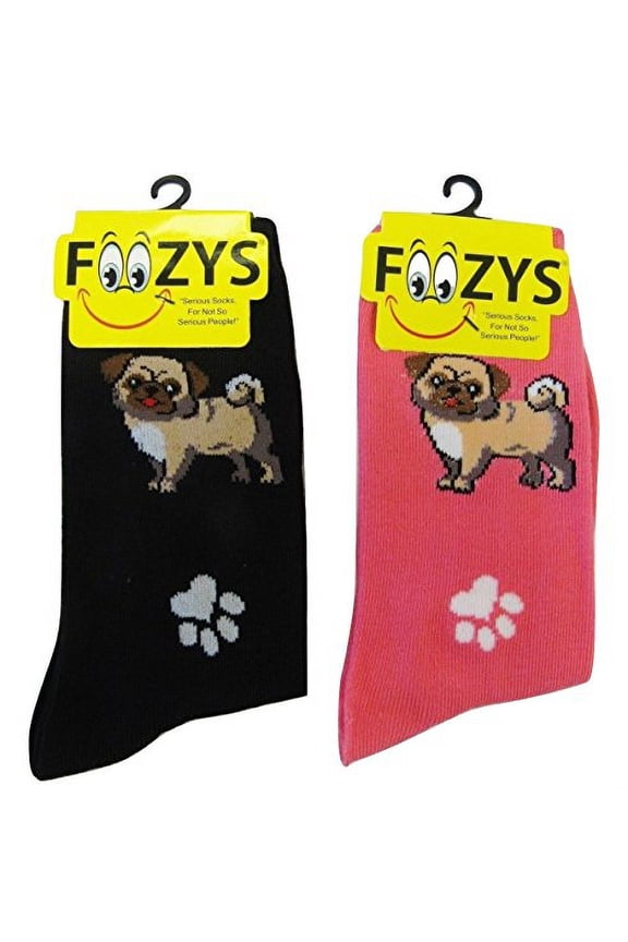 Small/Medium Novelty Crew Socks | Pugs & Paw Prints Cute, Fun and Makes makes a Great Gift! | 2 Pair (Black & Pink) | Women’s Shoe Size 4-10