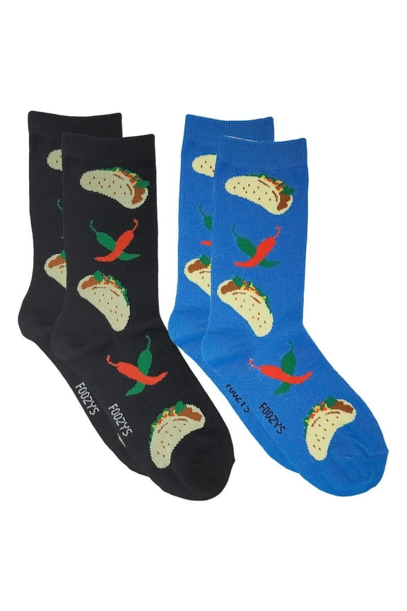 Small/Medium Novelty Crew Socks | Taco Time Cute, Fun and Makes a Great Gift! | 2 Pair (Black & Blue) | Women’s Shoe Size 4-10